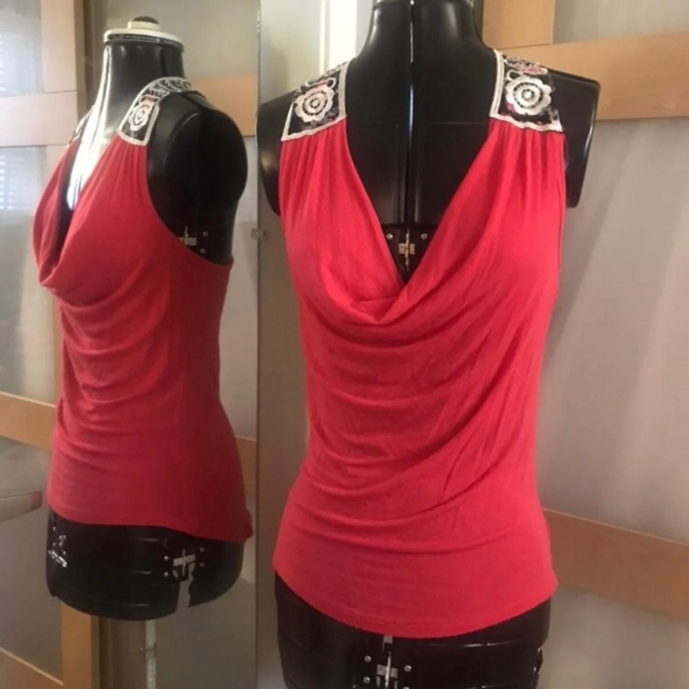 Cowl Neck Embroidered Racerback Top,M